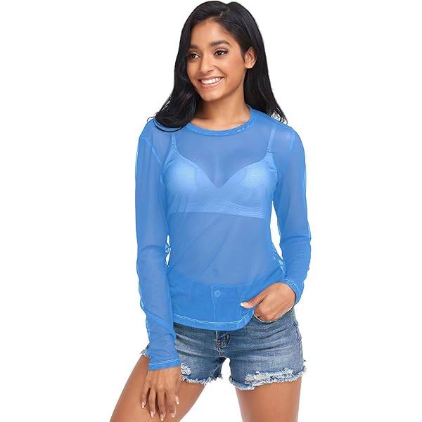UMIRIKO Dodger Blue Sexy Long Sleeve Sheer Tops for Women S
